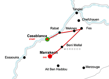 Imperial cities of morocco 9 days tour map